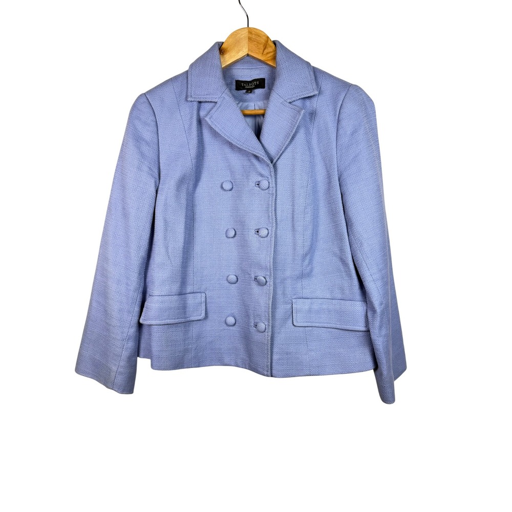 Talbots Blazer Women 8 Blue Double Breasted Textured Cotton Professional Jacket